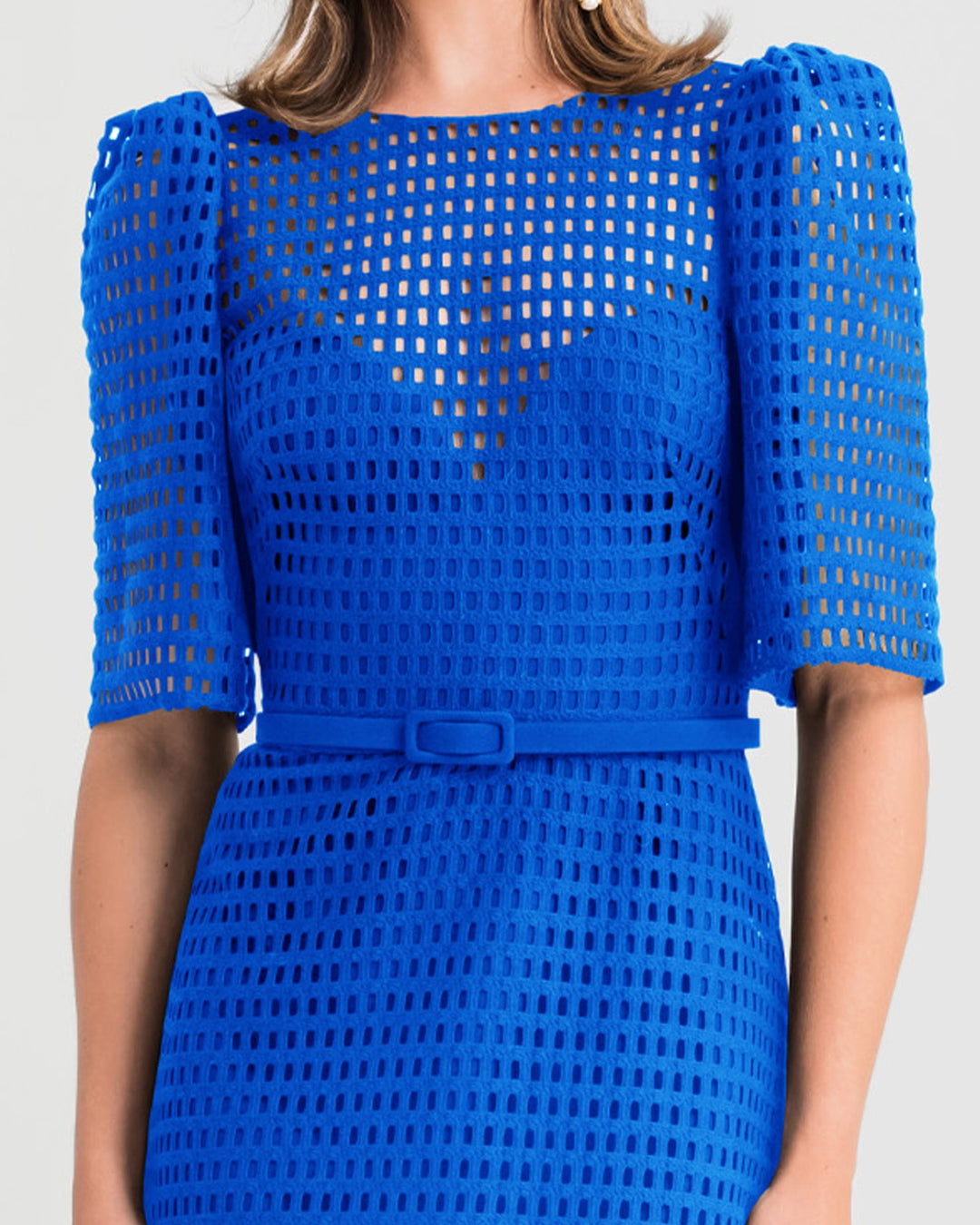 Puffed Shoulders Crochet Midi Royal Blue Dress