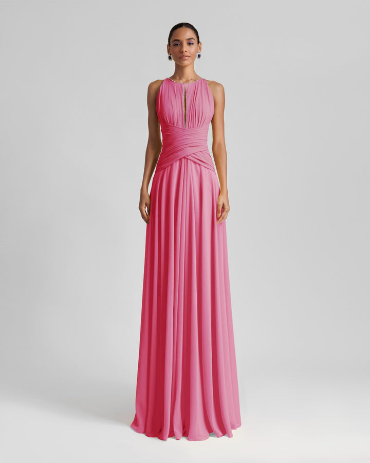 Long Candy Pink Dress With Drapings On The Waist