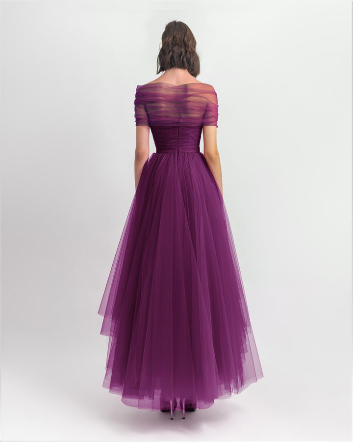 Asymmetrical Tulle Burgundy Dress