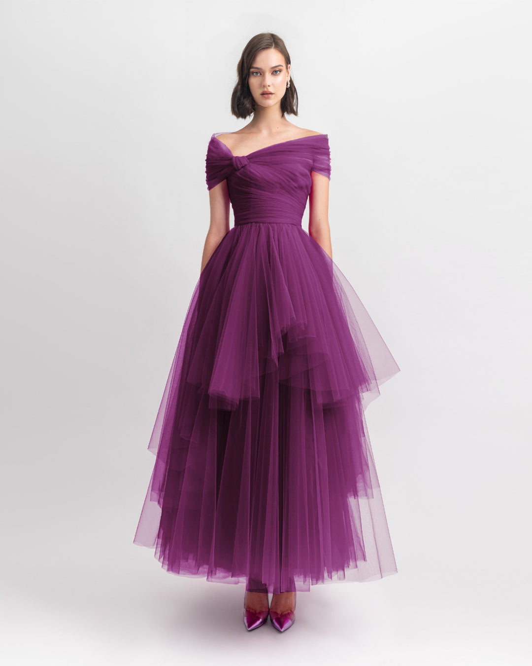 Asymmetrical Tulle Burgundy Dress