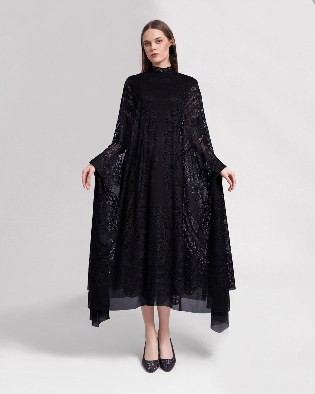 High-Neckline Black Lace Kaftan