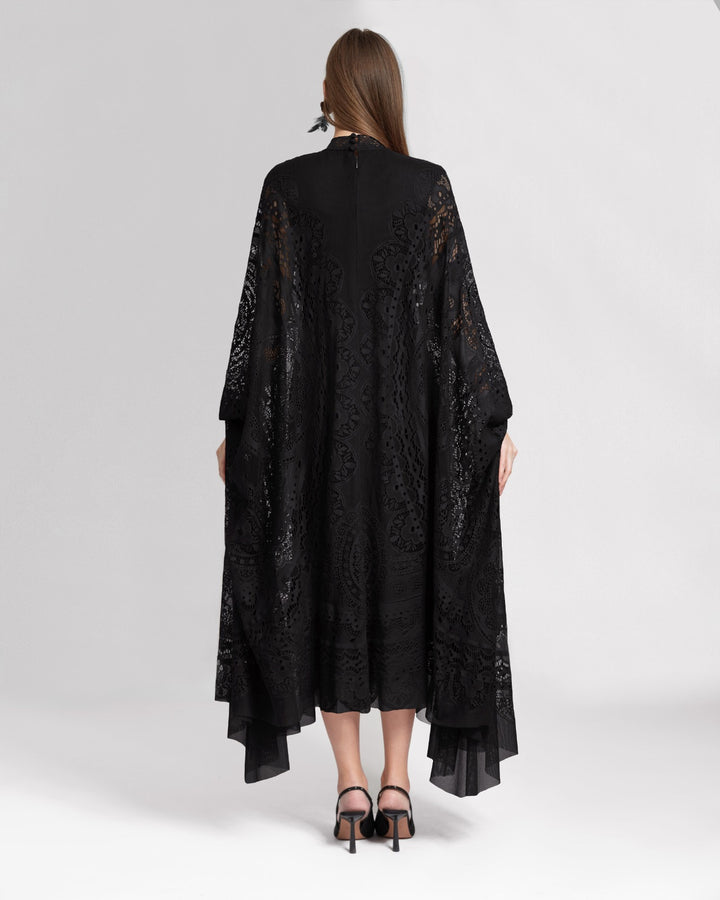 High-Neckline Black Lace Kaftan