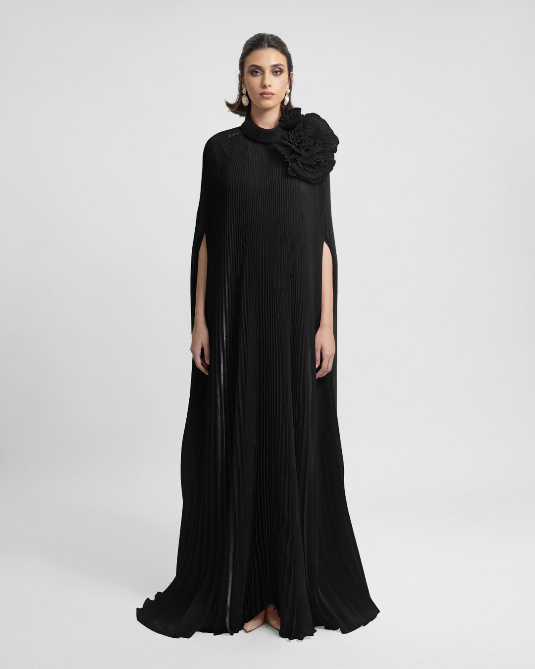 Black Kaftan with Draped Flower