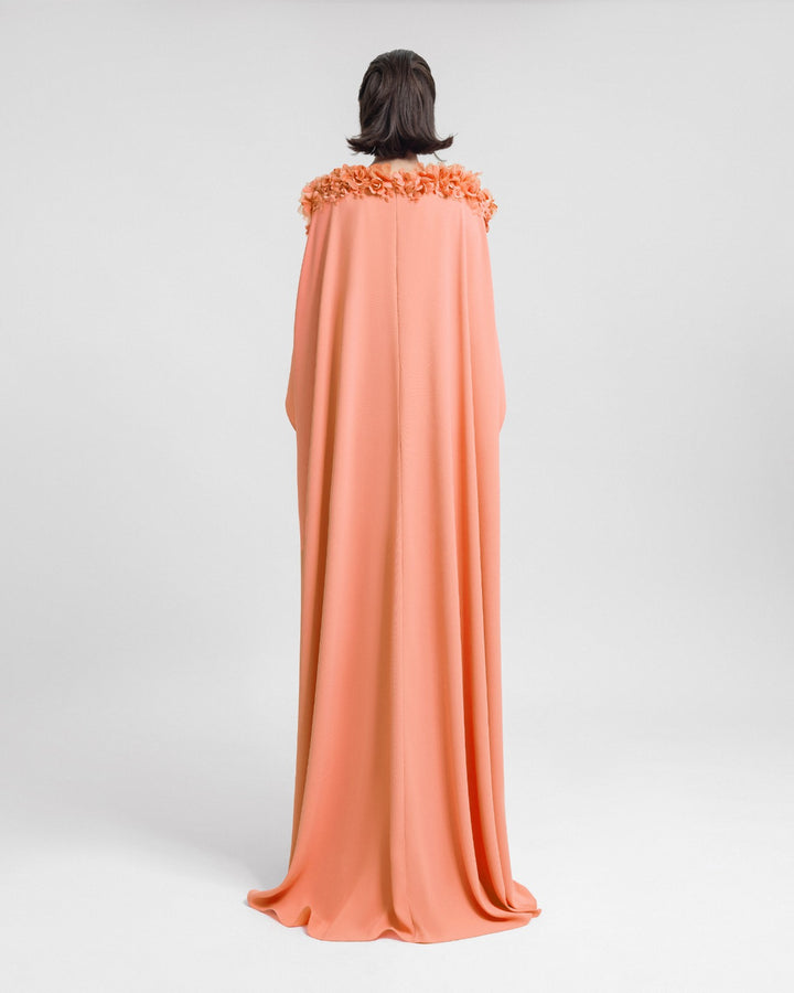 Floral Embellished Neckline Peach Kaftan