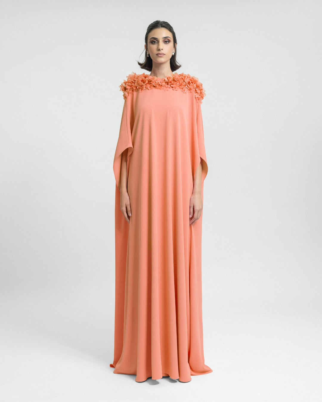 Floral Embellished Neckline Peach Kaftan