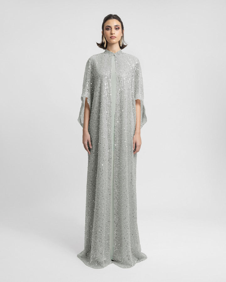 Beaded Light Mint Open Kaftan with Long Dress