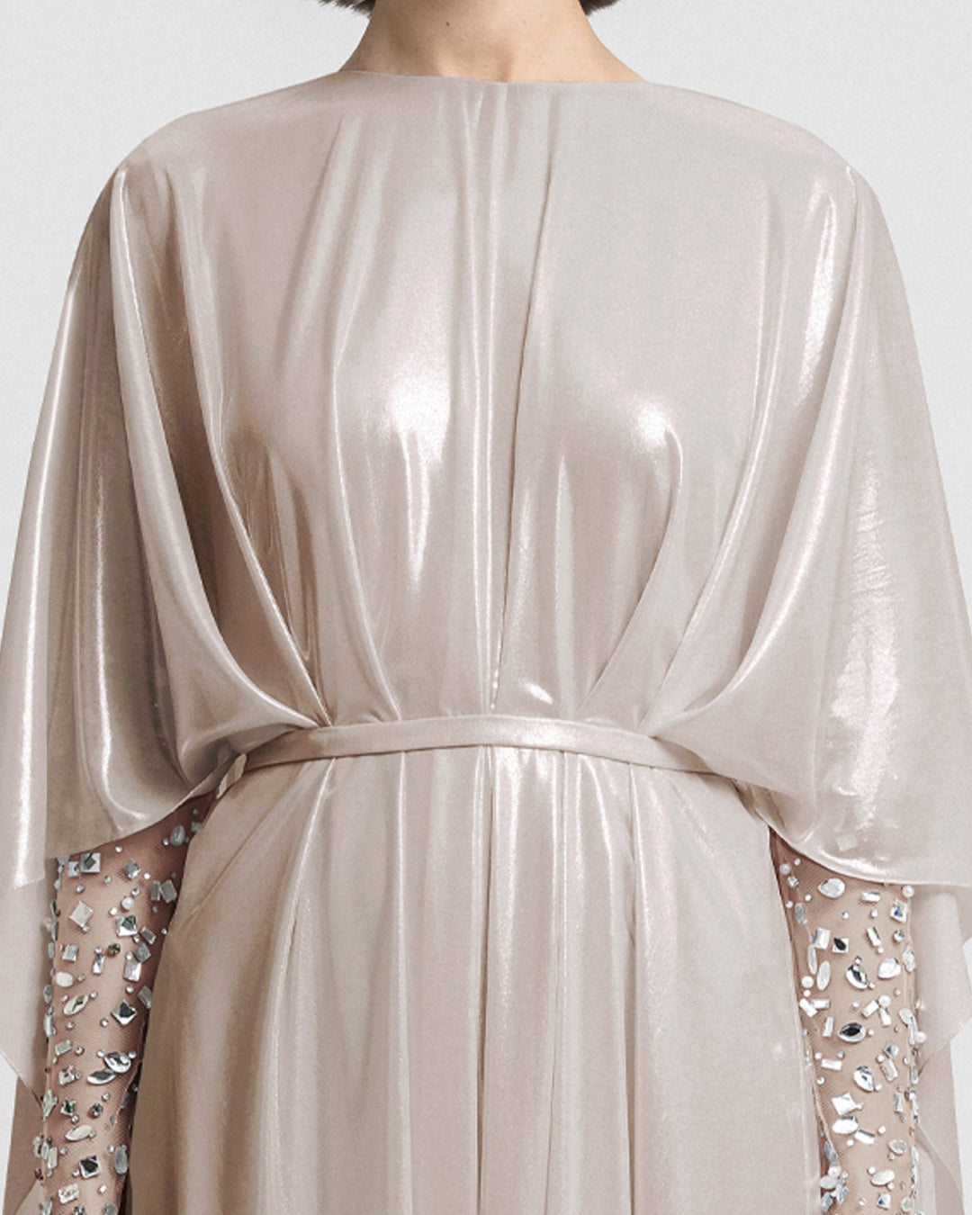 Embroidered See-Through Sleeves Beige Kaftan