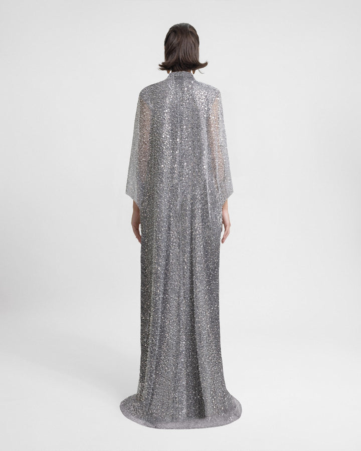 Beaded Smokey Grey Open Kaftan with Long Dress