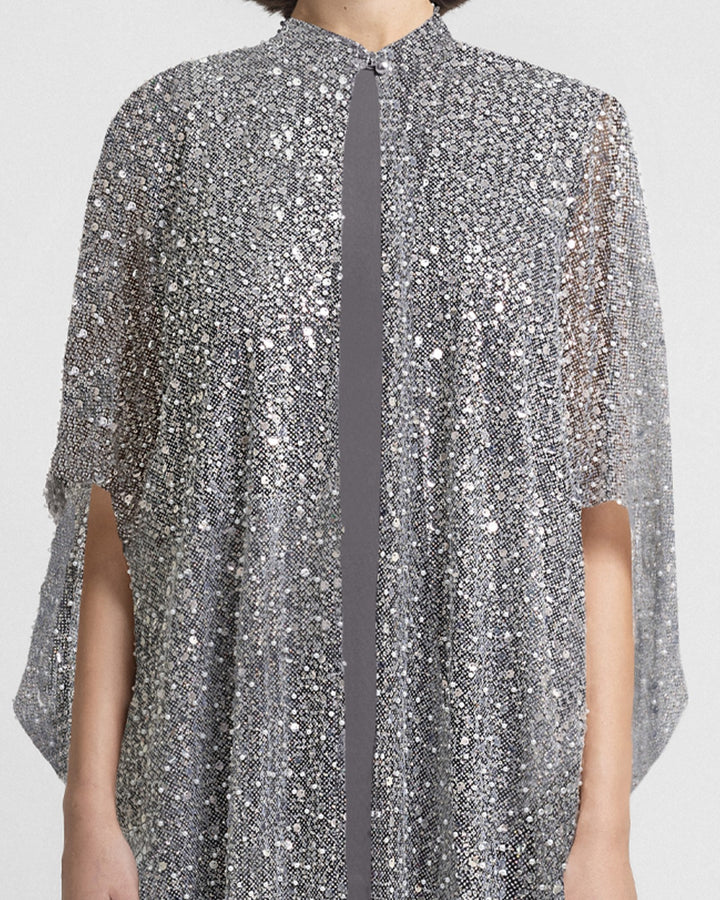 Beaded Smokey Grey Open Kaftan with Long Dress