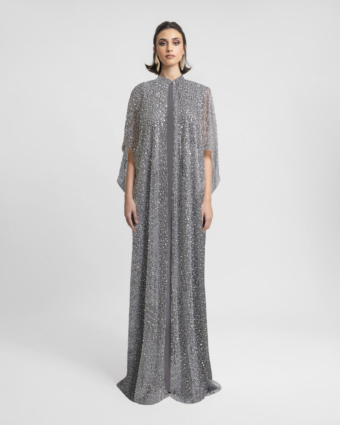 Beaded Smokey Grey Open Kaftan with Long Dress