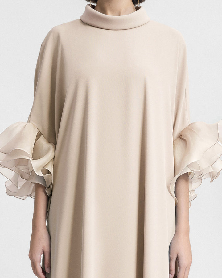 Long kaftan with Reversed Champagne High-Collar