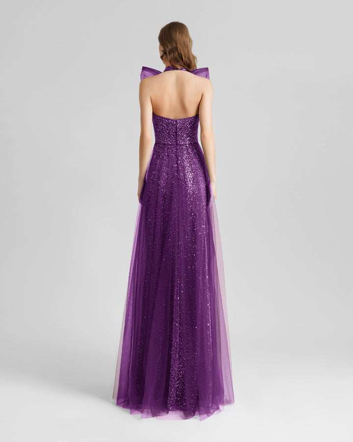 Bow Halter-Neckline Purple Dress