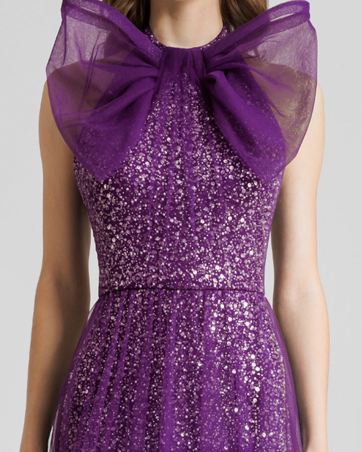 Bow Halter-Neckline Purple Dress