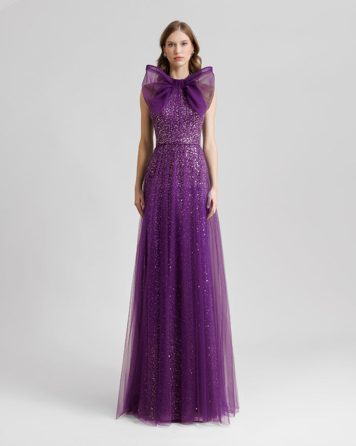 Bow Halter-Neckline Purple Dress