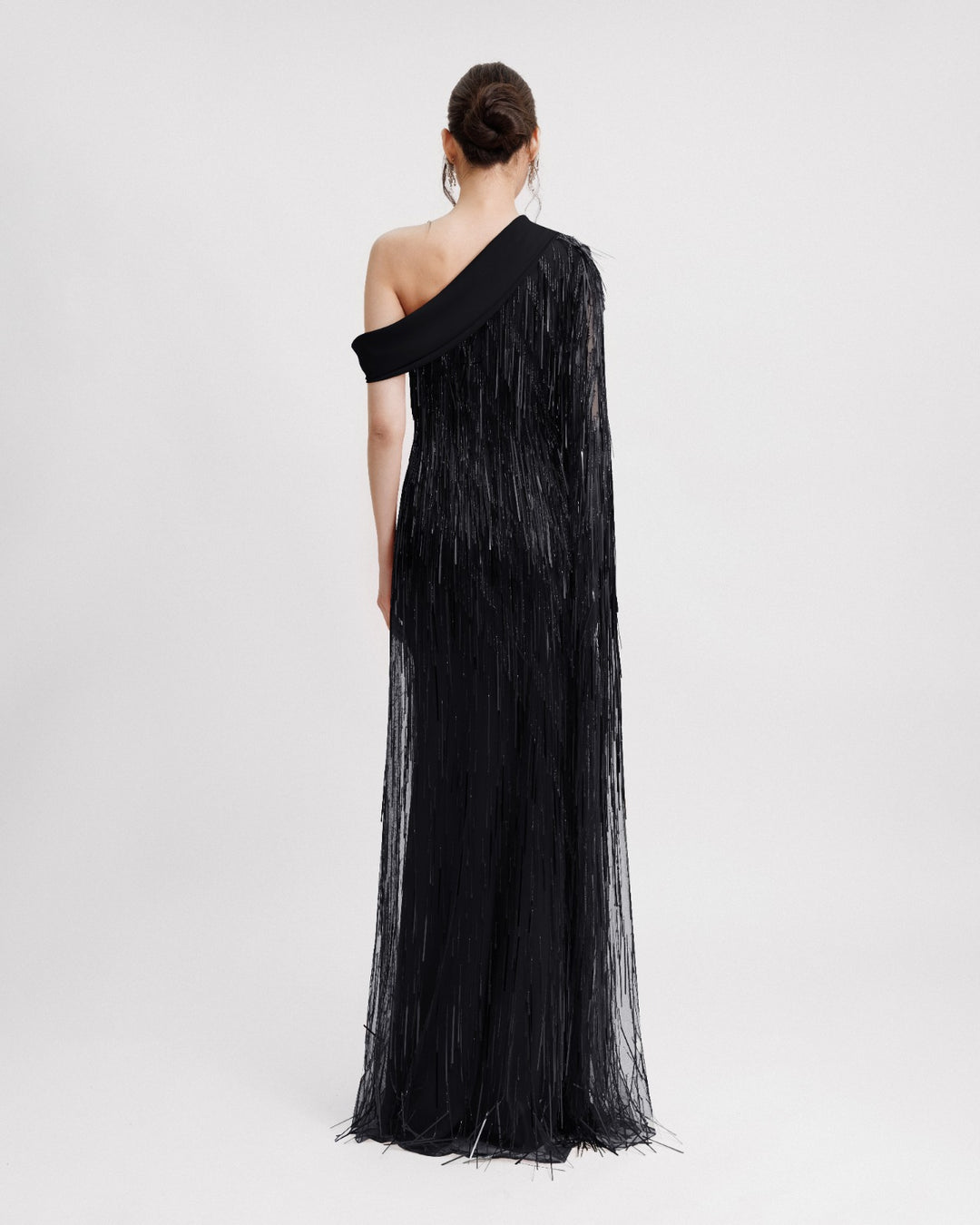 One-Shoulder Crepe Fold-Over Black Dress