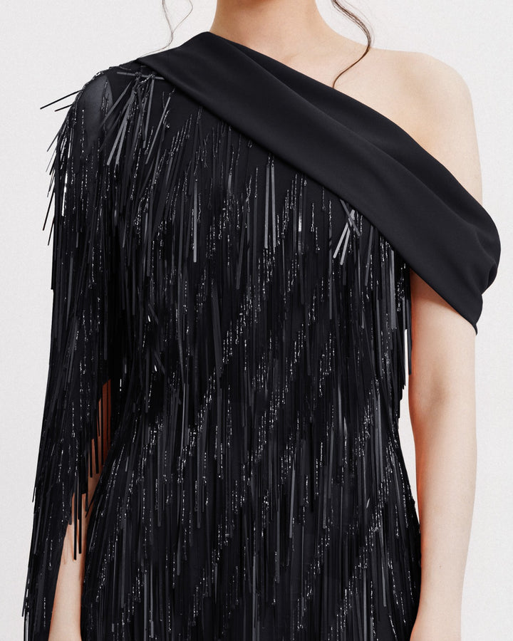 One-Shoulder Crepe Fold-Over Black Dress