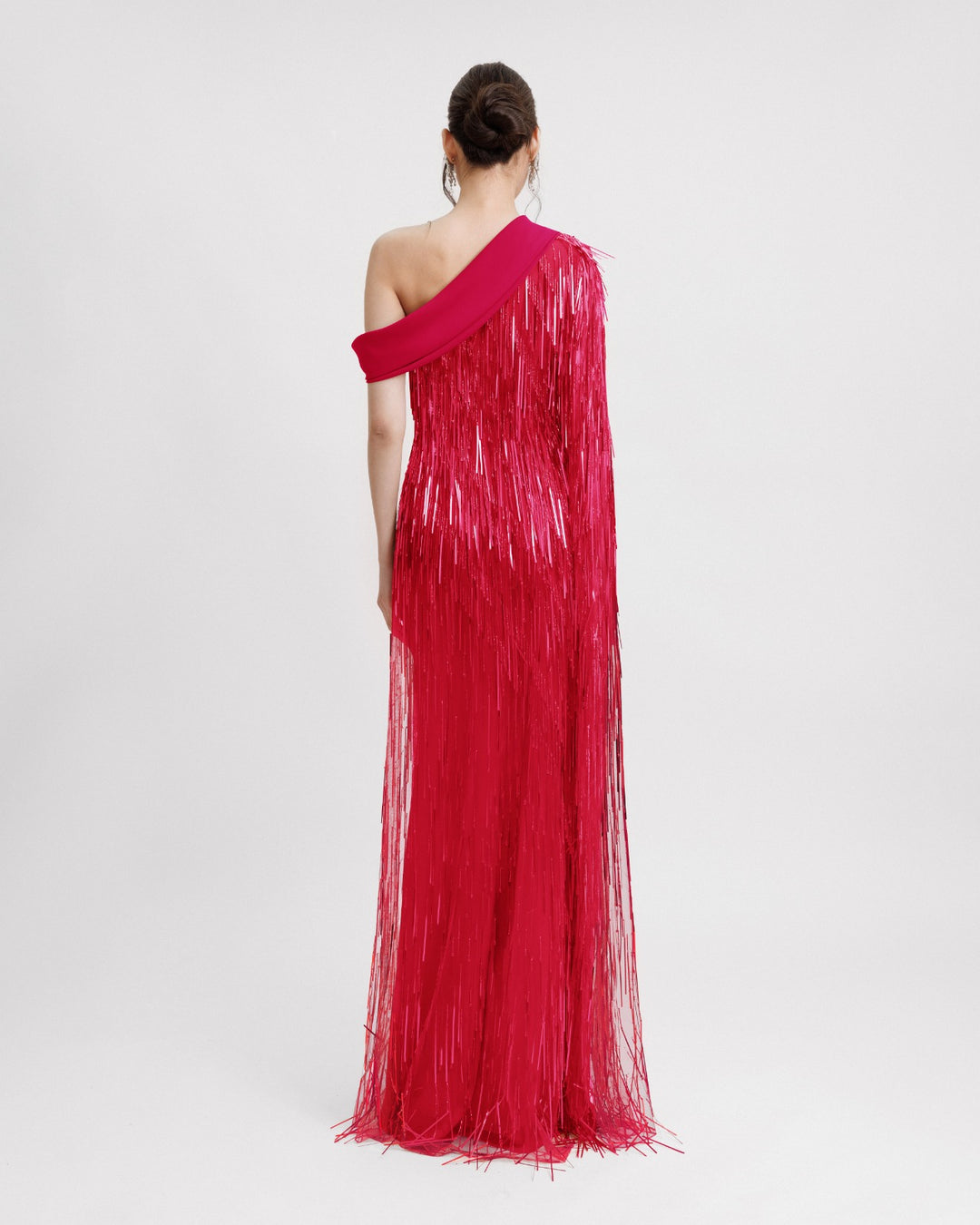 One-Shoulder Crepe Fold-Over Fuchsia Dress