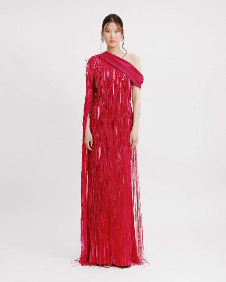 One-Shoulder Crepe Fold-Over Fuchsia Dress