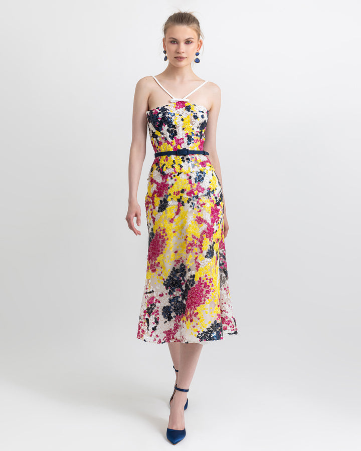 A multicolor sequins corset midi flared dress comes with a navy belt.