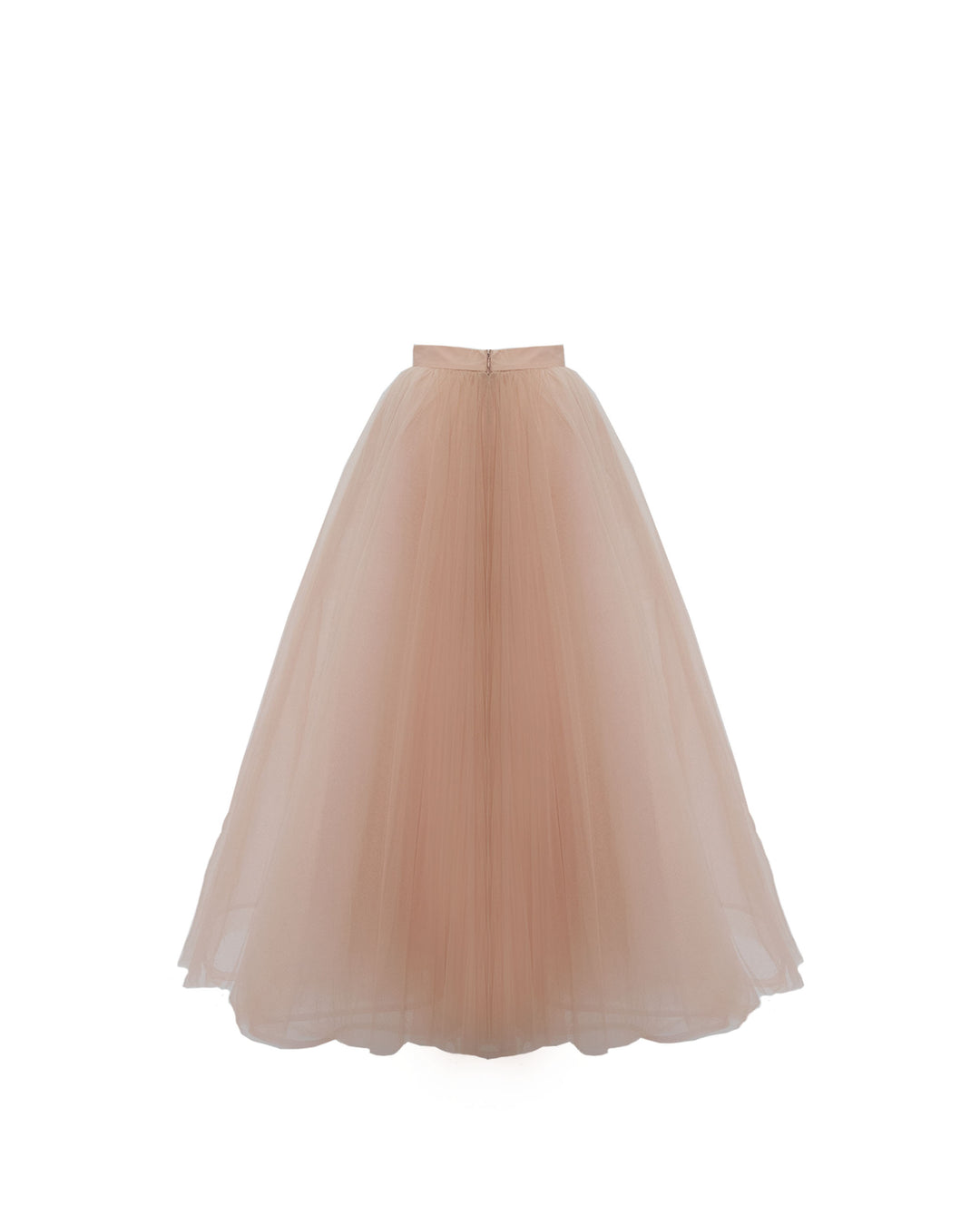 The back  of a pink A-cut tulle midi skirt.