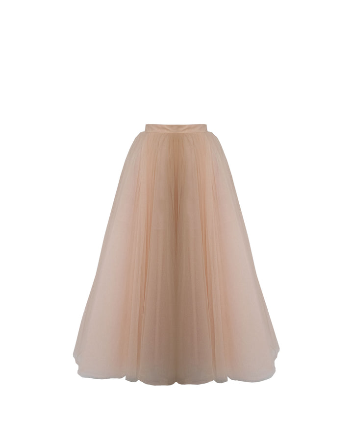 A pink A-cut tulle midi skirt.