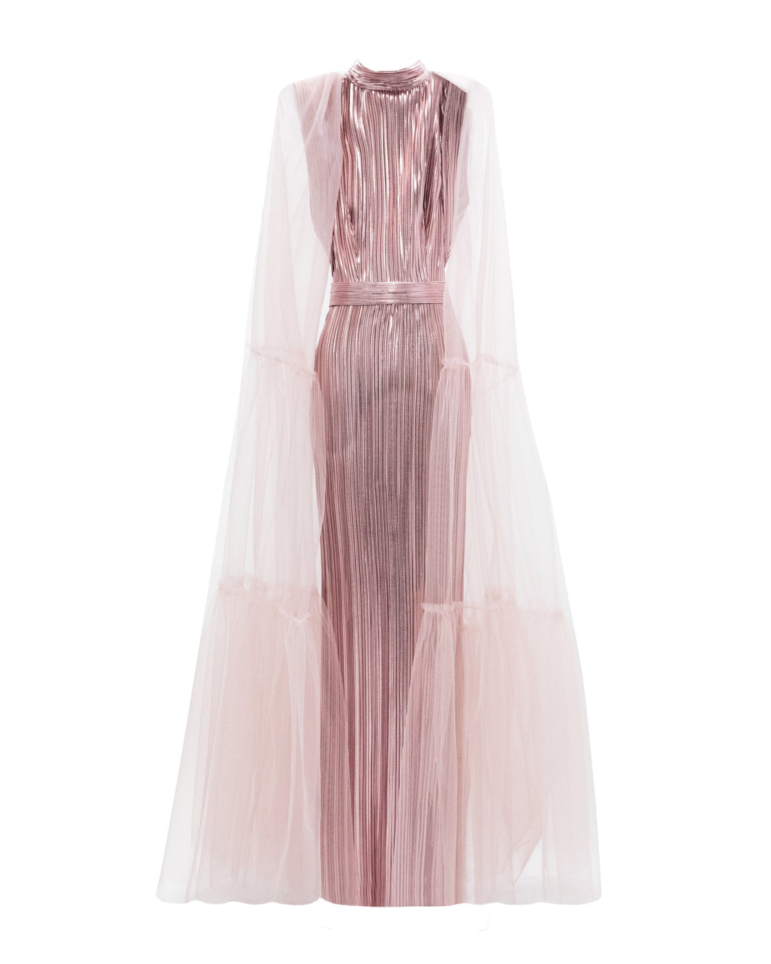 A slim cut metallic pink evening dress in pleated fabric paired with a tulle ruffled cape.