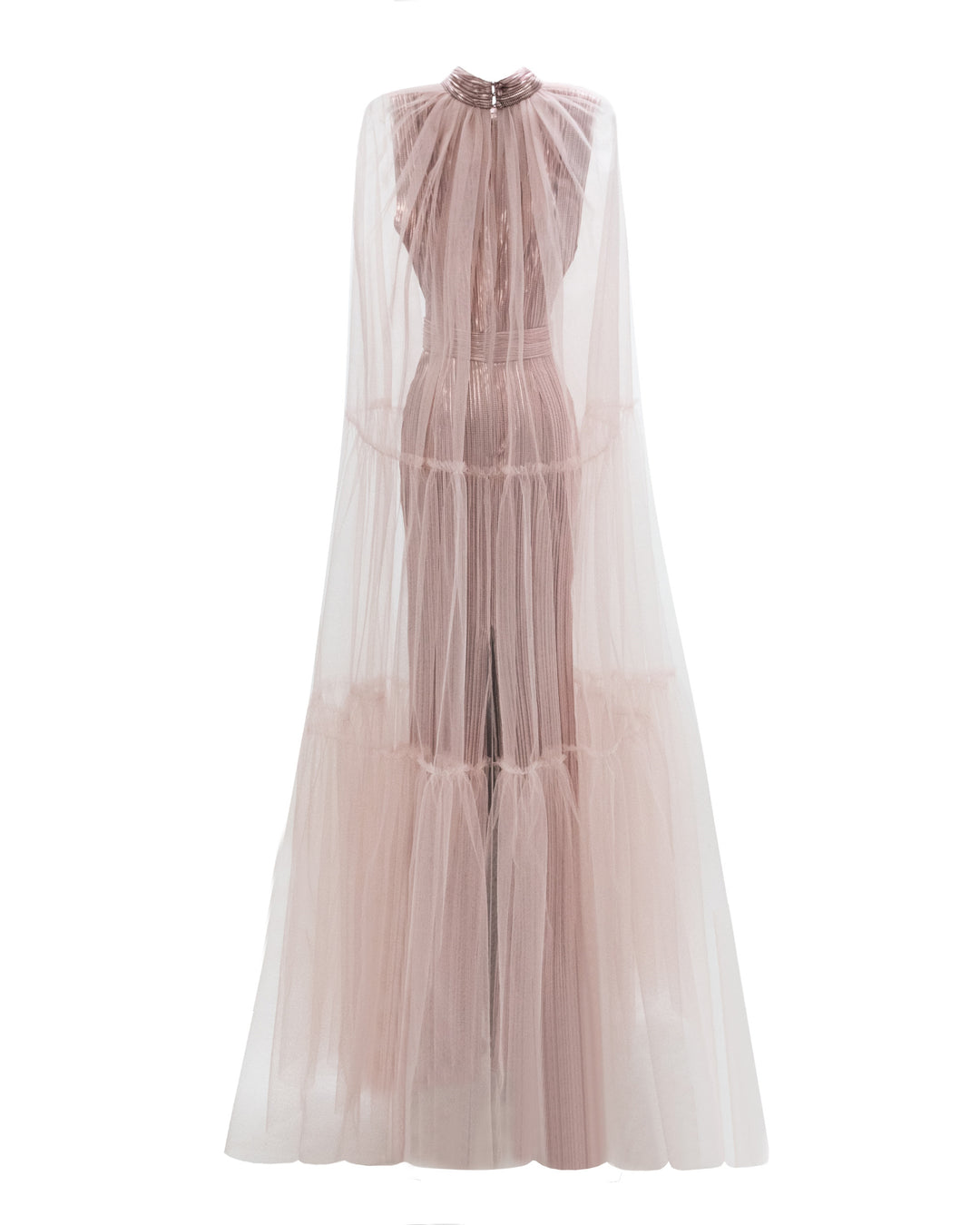 The back of a slim cut metallic pink evening dress in pleated fabric paired with a tulle ruffled cape.