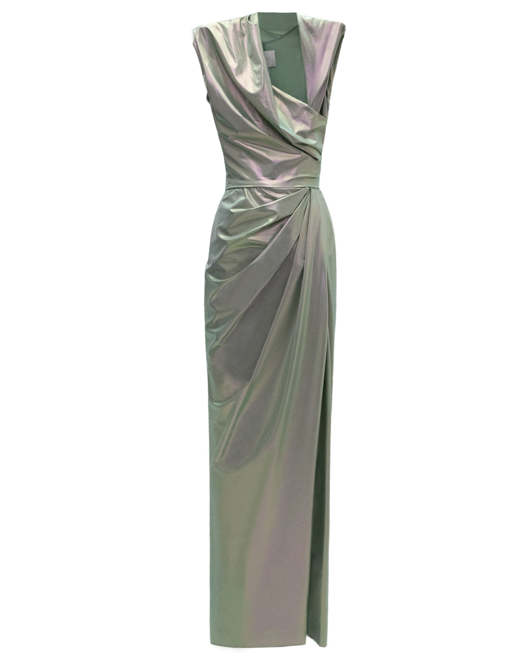 An asymmetrical neckline evening dress in metallic latex fabric, with draping details on the waist and an open slit on the side.