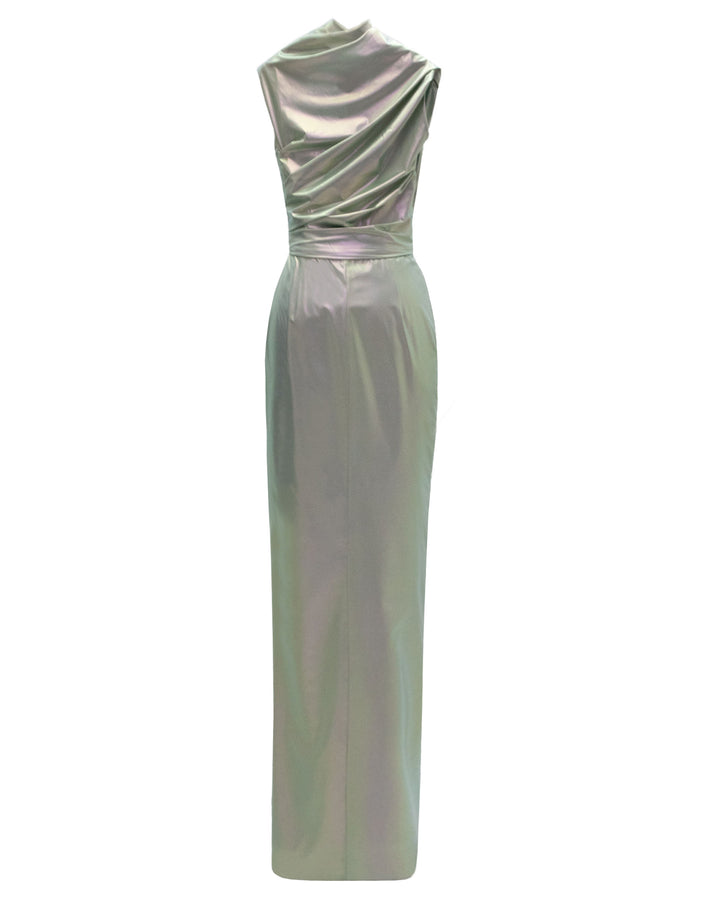 The back of an asymmetrical neckline evening dress in metallic green latex fabric, with draping details on the waist.