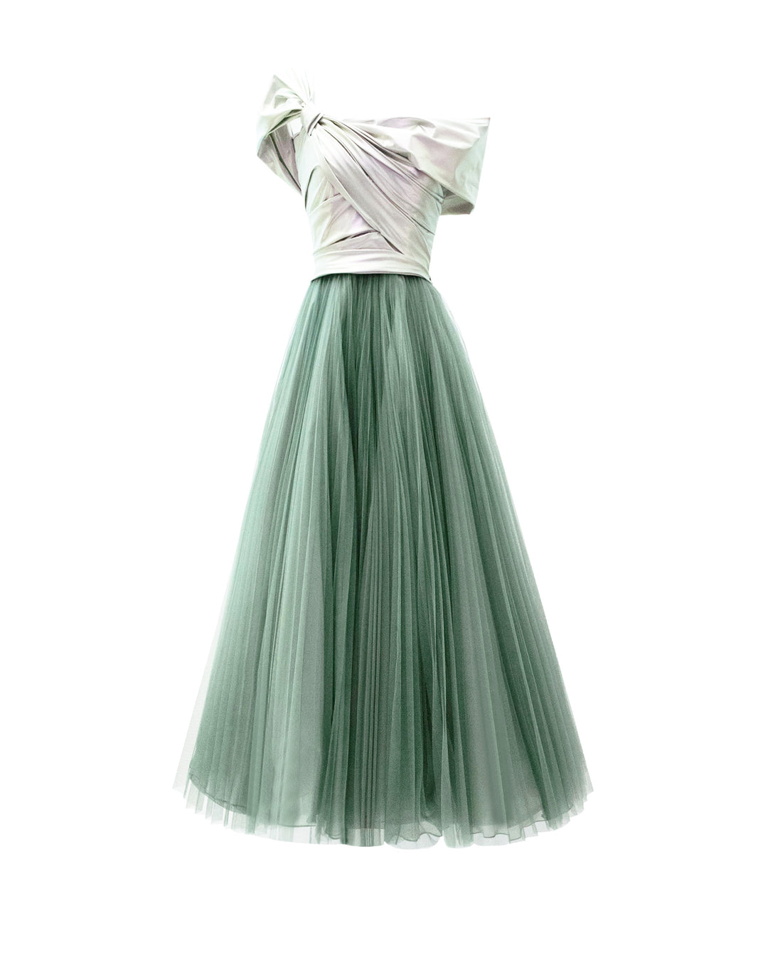 A wide cut midi evening dress featuring an asymmetrical neckline with metallic latex bow-like design and a pleated green tulle skirt.