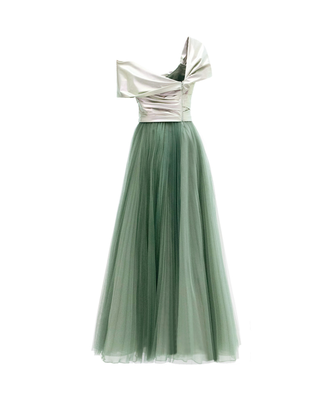 The back of a wide cut midi evening dress featuring an open back with asymmetrical neckline with metallic latex bodice and a pleated green tulle skirt.