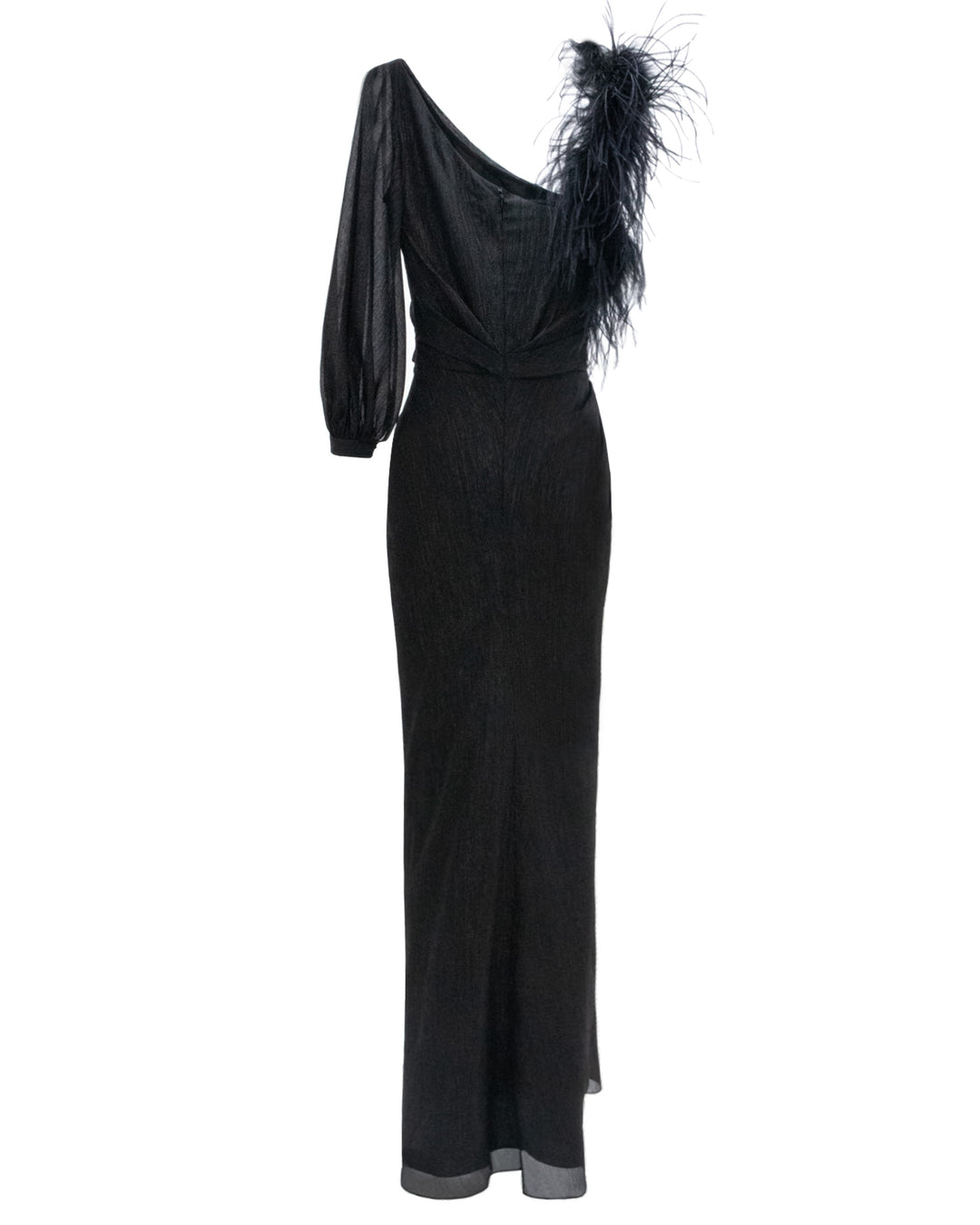 The back of an asymmetrical neckline chiffon black evening dress with feather sleeve, draping and open slit on the side.