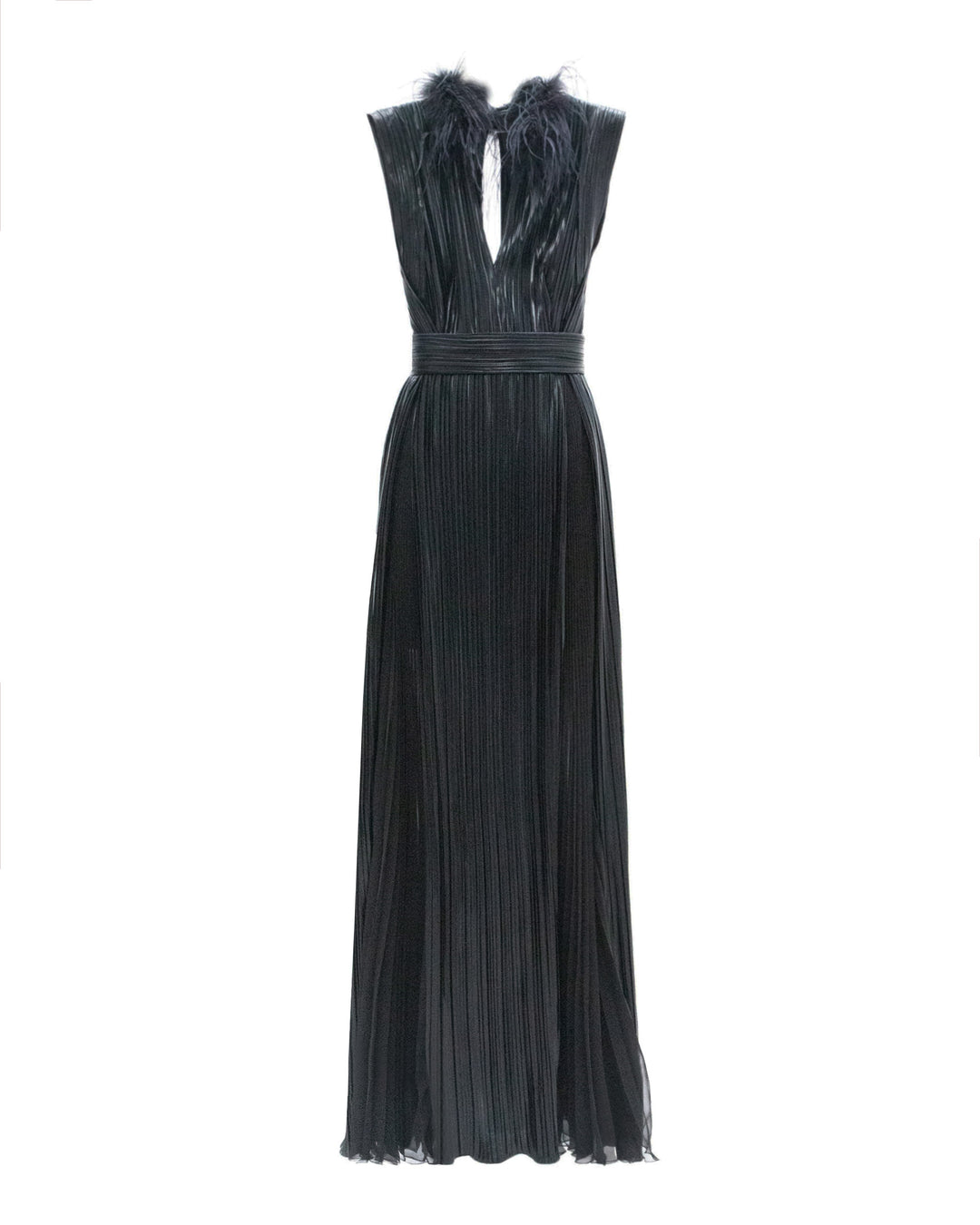 A V-cut neckline fully pleated black evening dress with feather details on the neck and a pleated chiffon side slit.