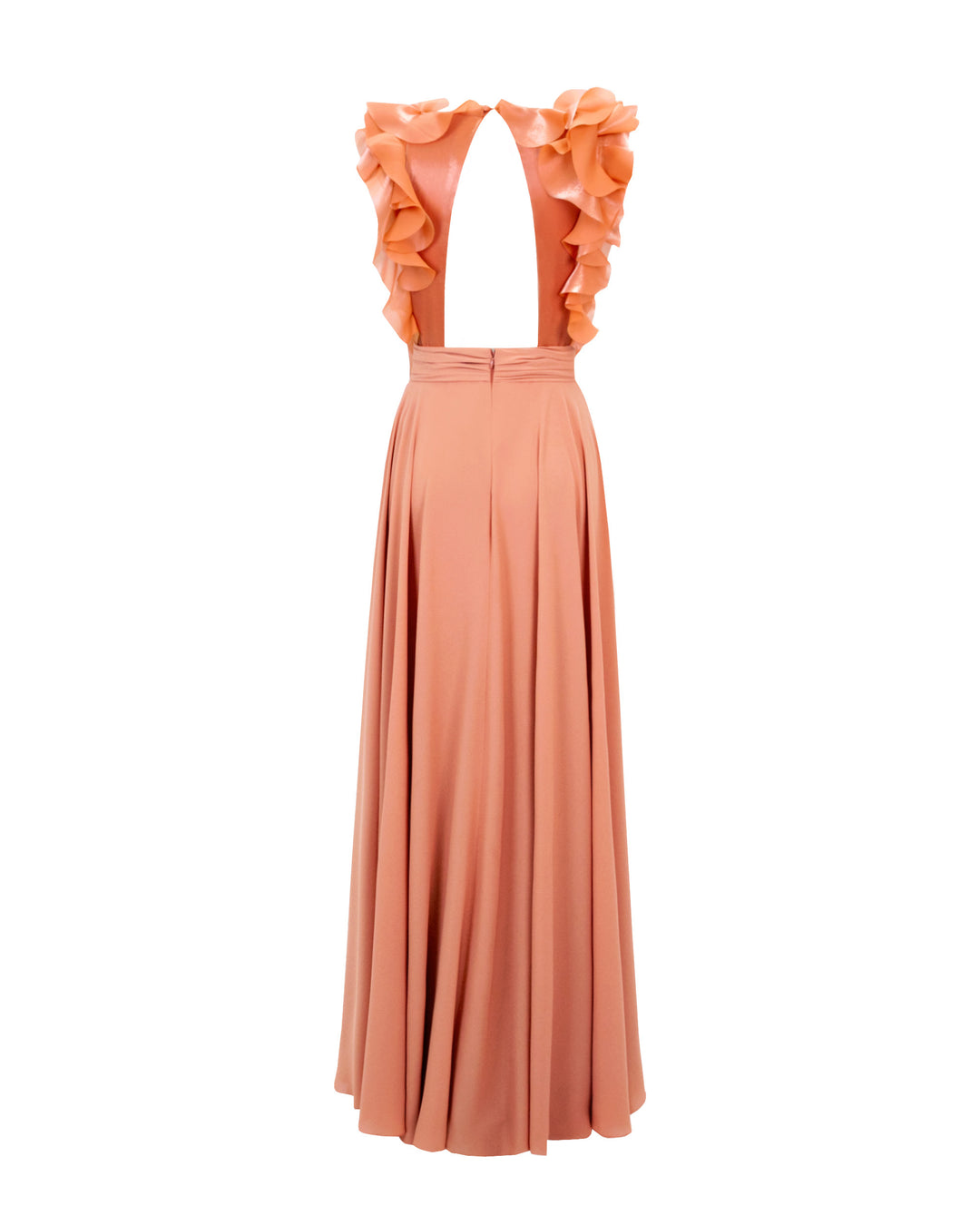 The back of a flowy crepe copper evening dress featuring an upside down v-shape open back and ruffle details on the upper sides.