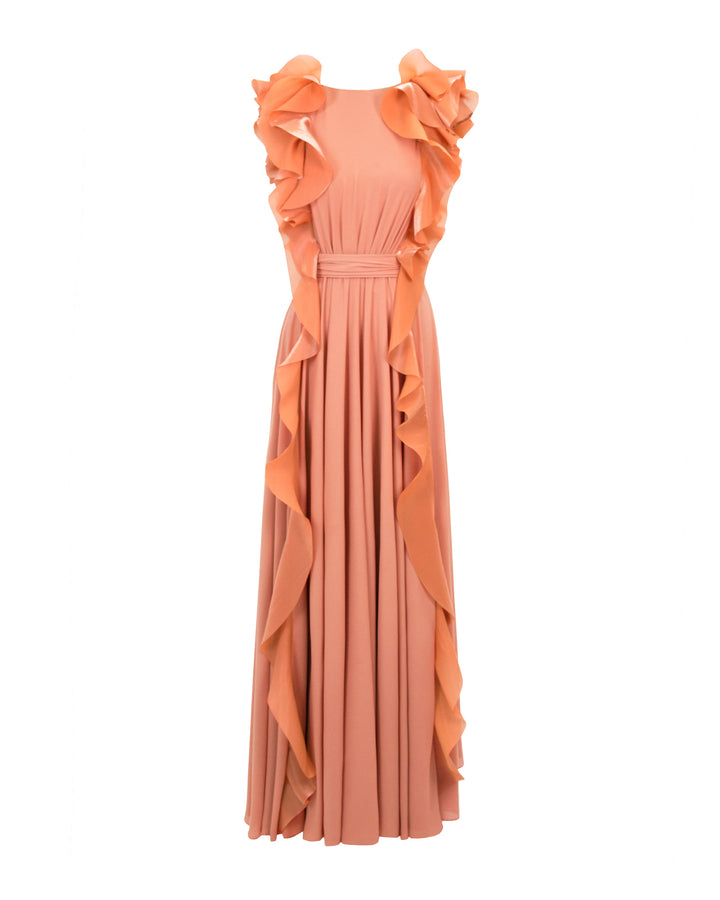 A flowy crepe copper evening dress featuring symmetrical ruffled details on the sides from the shoulders all the way down to the hemline.