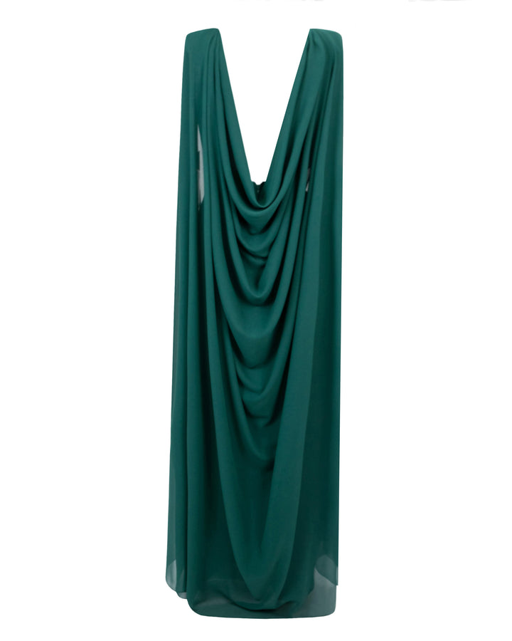 The back of a green long evening dress with a chiffon cape like sleeves and an open back 