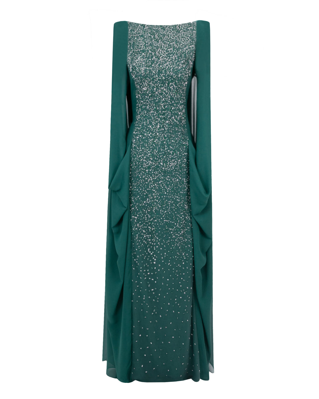 A straight-cut fully beaded long evening dress with a chiffon cape like sleeves, attached to the back making some draping.