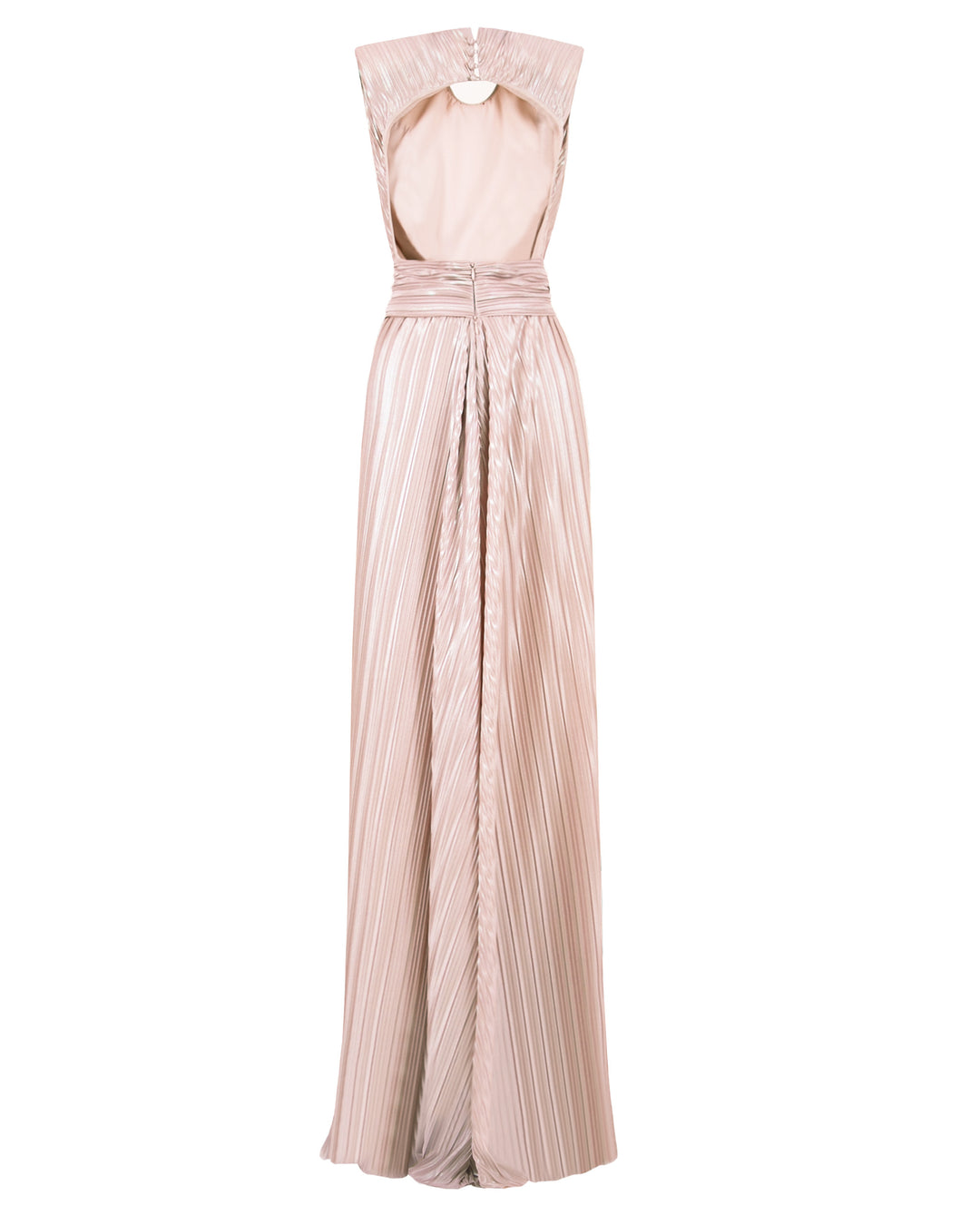 The back of a straight cut blush evening dress with ruffles details and open slit on the side in a pleated jersey fabric featuring an open back.