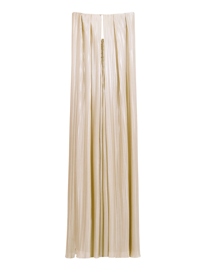 A cape-like back design champagne jumpsuit.