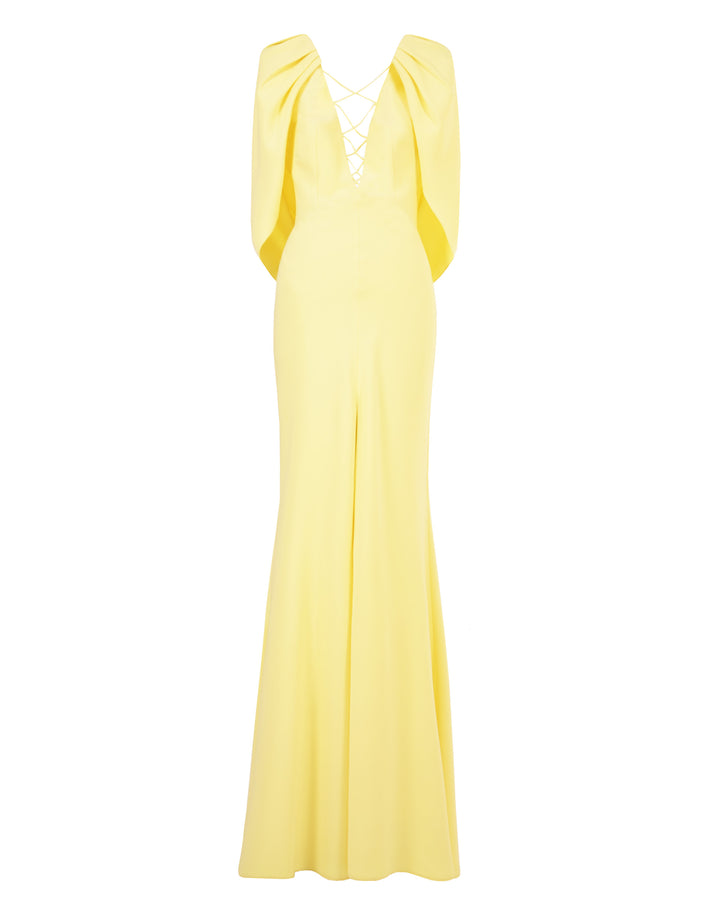 A deep V-neckline long yellow evening dress with cape-like sleeves and open slit in the middle.