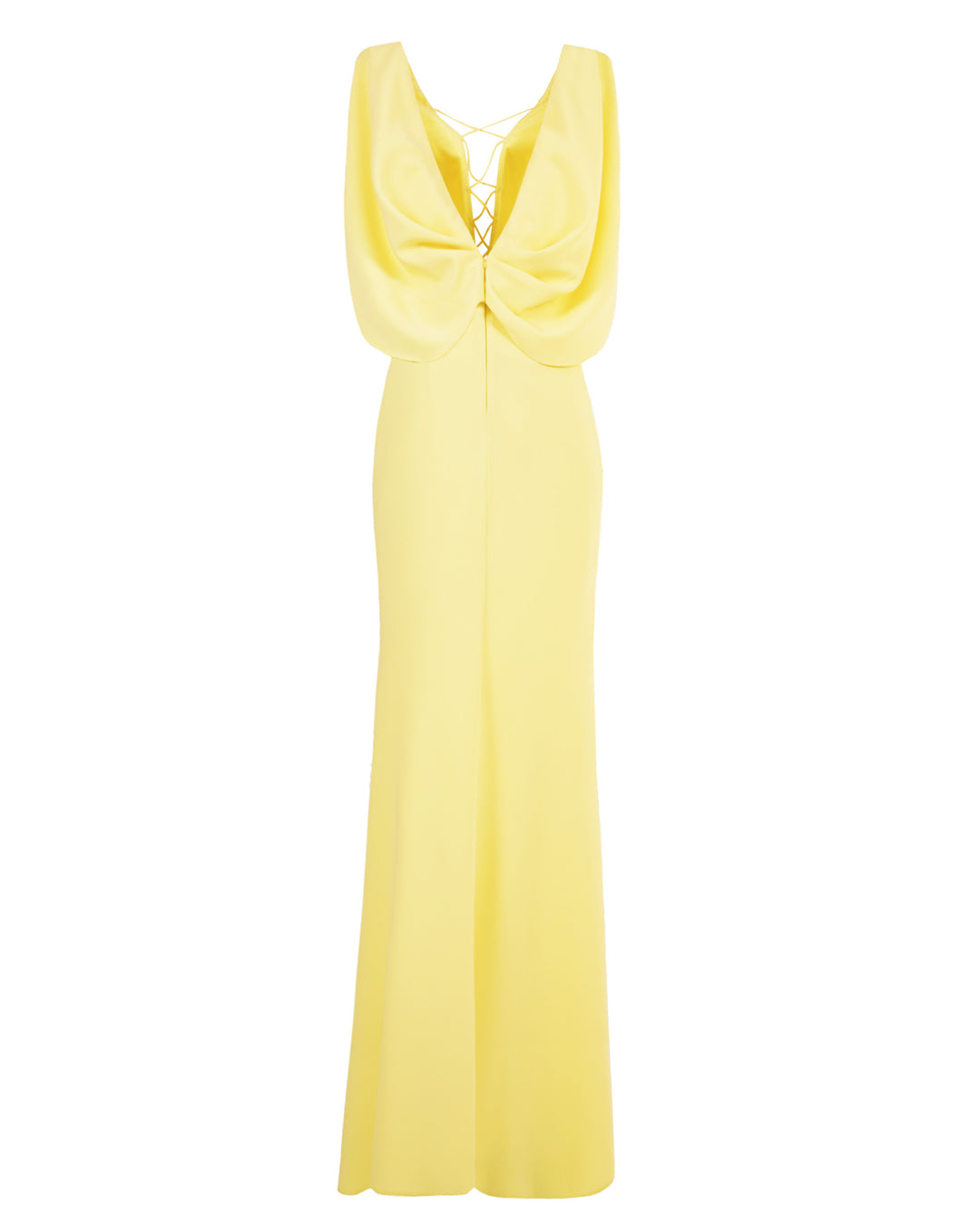 A v-shape long yellow evening dress with cape-like sleeves.