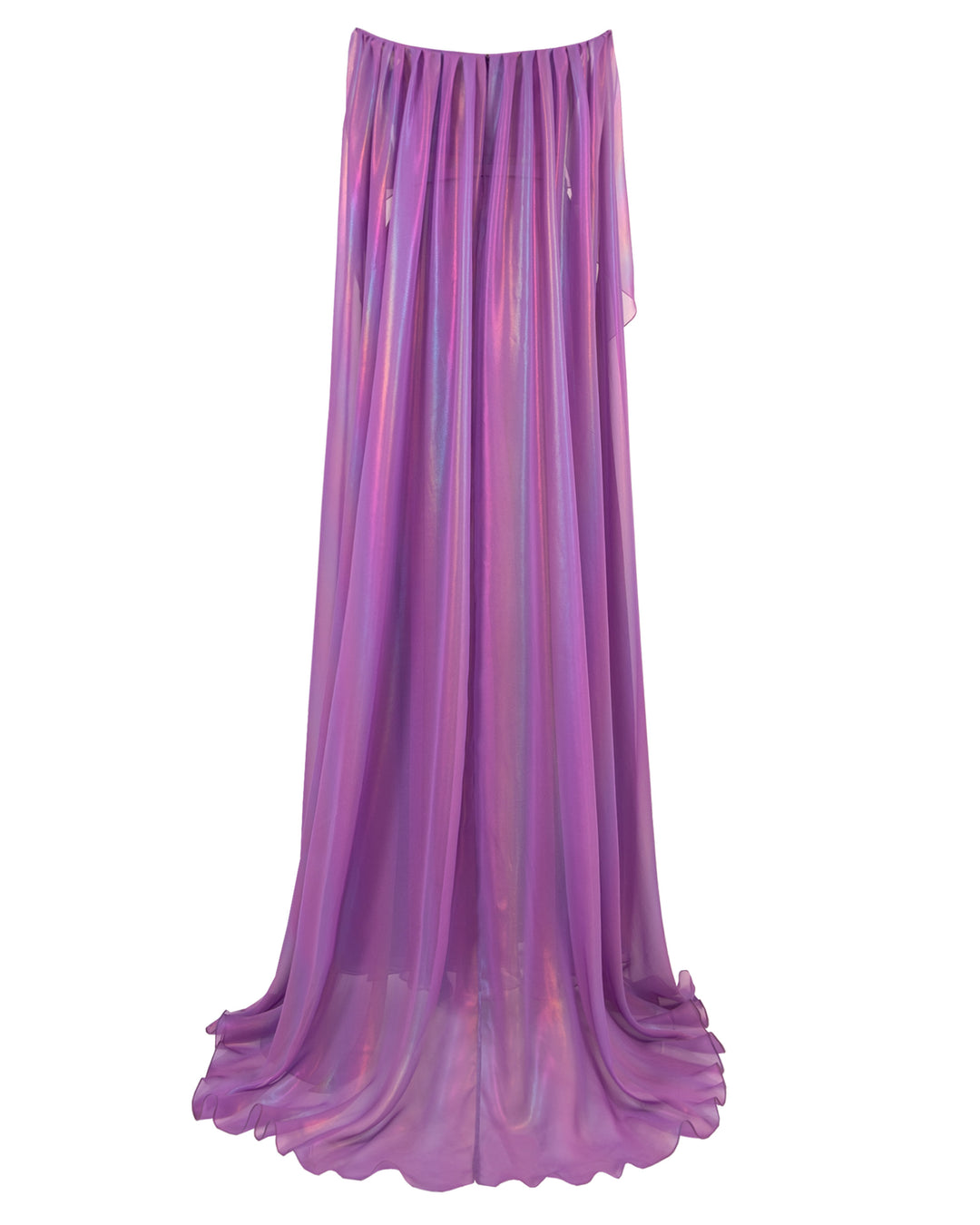 The back of an off-shoulders cape like sleeves, flared cut purple evening dress.