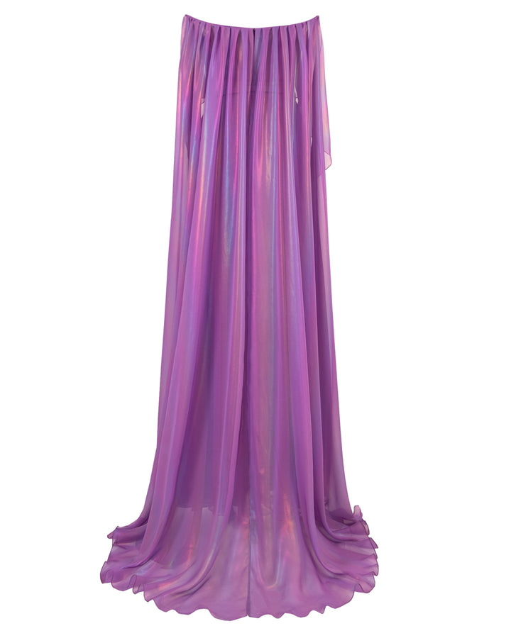 The back of an off-shoulders cape like sleeves, flared cut purple evening dress.