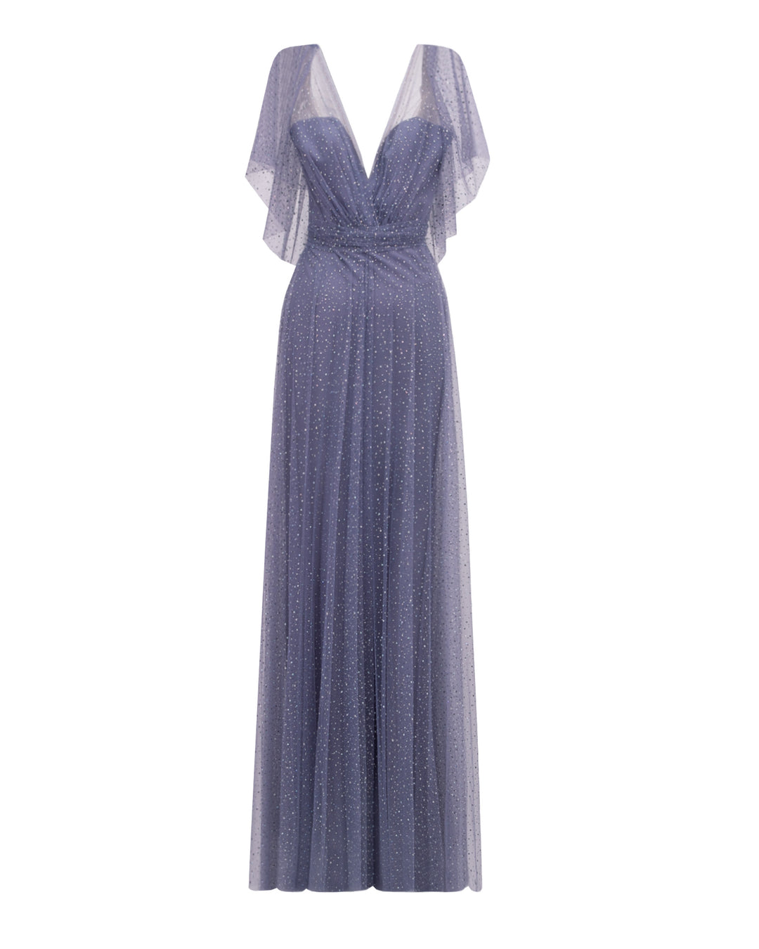 A V-cut neckline flared lilac evening dress with draping details on the waist, and short sleeves.