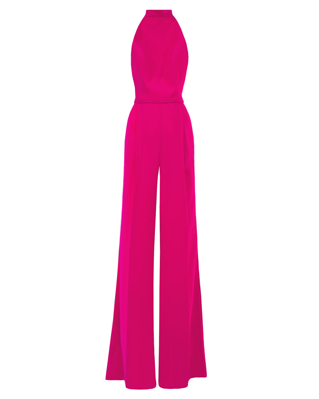 A halter-cut neckline fuchsia jumpsuit with side cut-out details and flared cut pants.