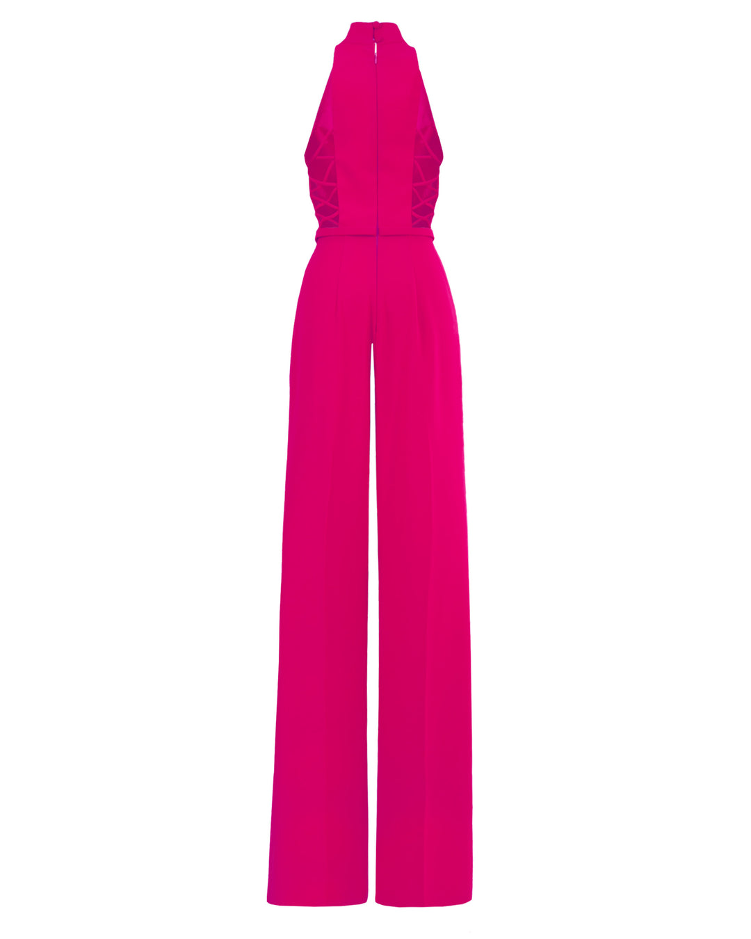 The back of a halter-cut neckline fuchsia jumpsuit with side cut-out details and flared cut pants.