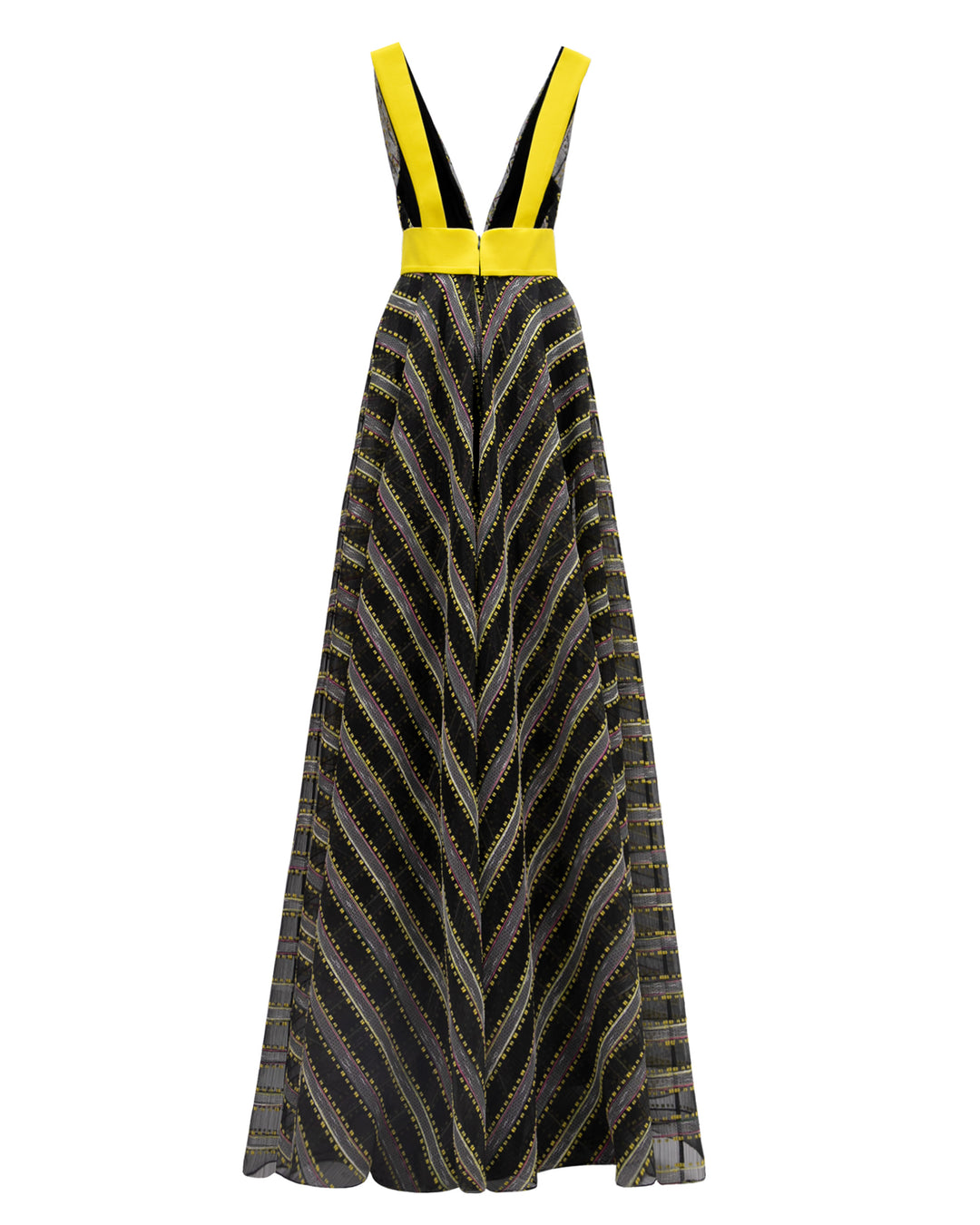 An open back flared evening dress with yellow trips and waist band.