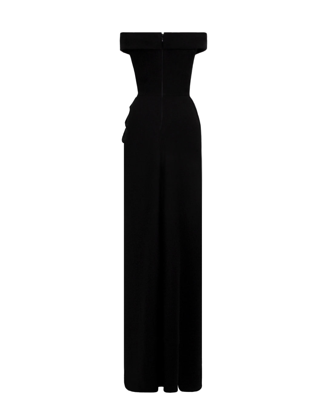 The back of an off-shoulder slim cut crepe long black dress with draping details.