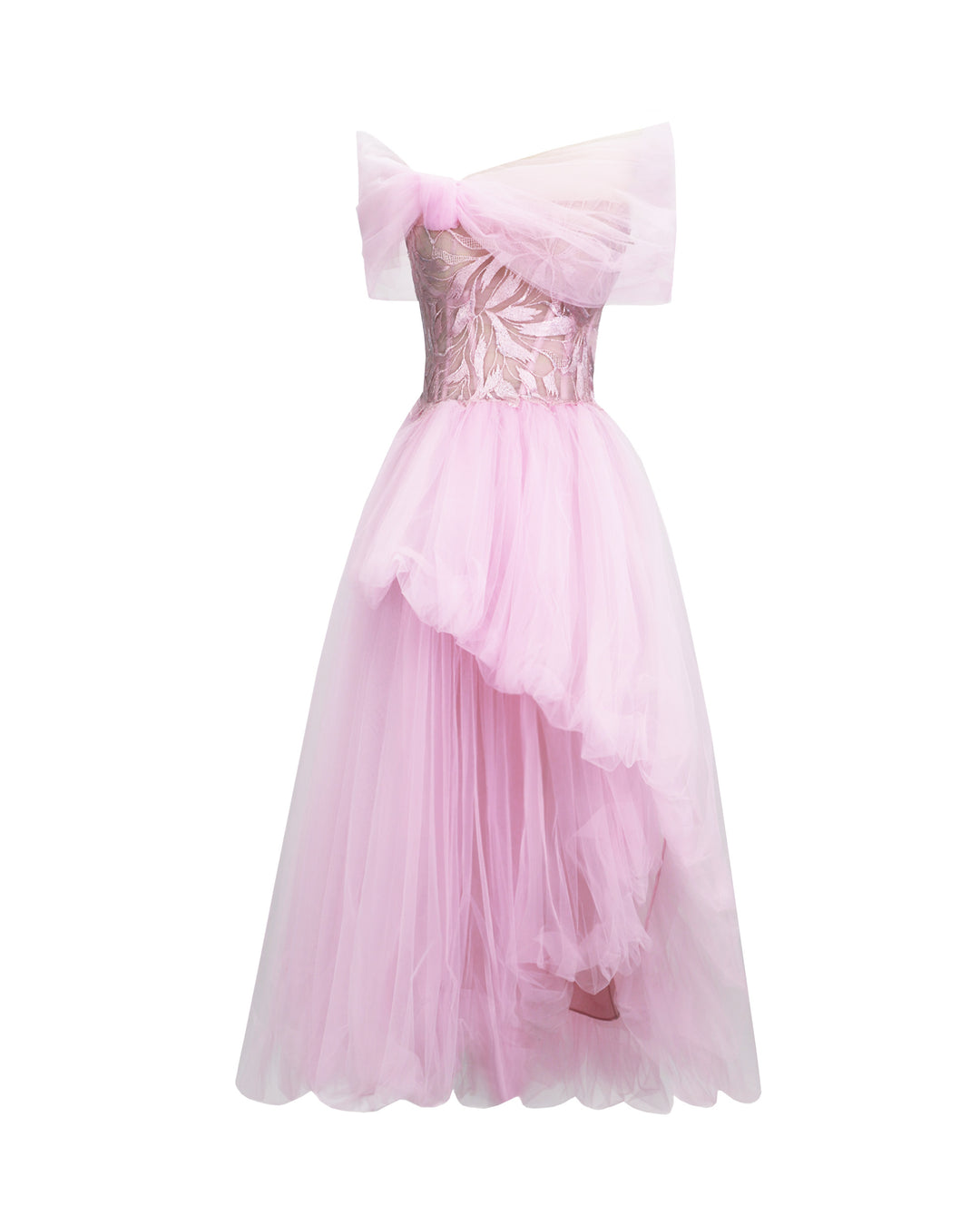 A bow-like off-shoulder cut tulle dress in pink with an embroidered corset and an asymmetrical ruffled skirt.