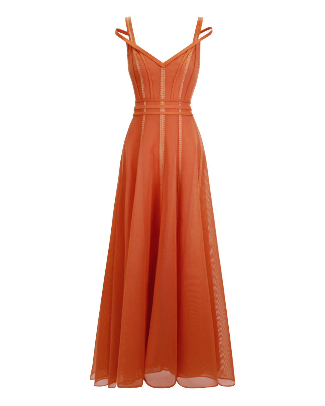 A corset flared mesh orange dress with embroidery details and three stipes belt.